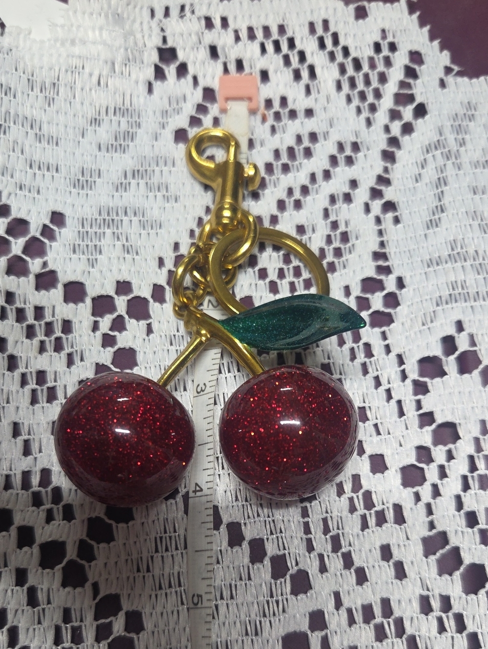 Gold Cherry Keychain Charm with Red Glitter Cherries and Green Leaf